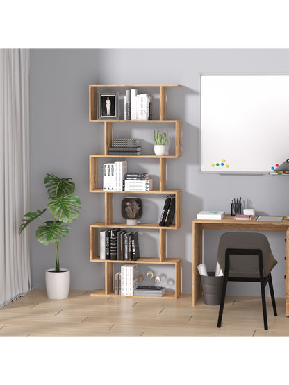 6-Tier Wooden Modern S-Shaped Shelf Storage Unit Home Office Oak Colour