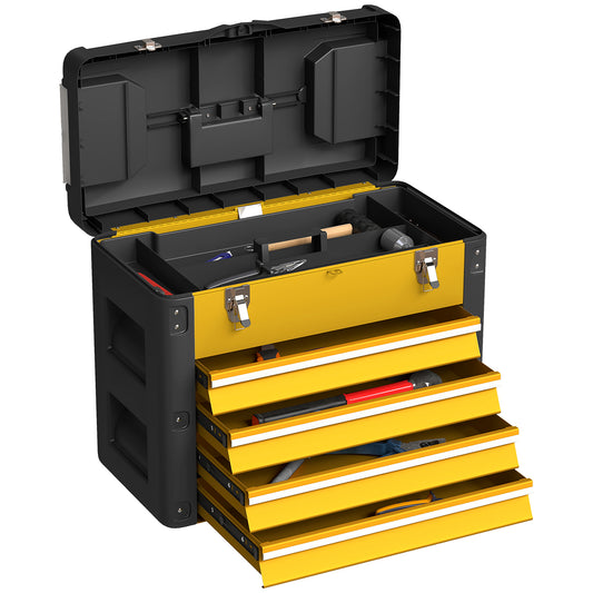 4 Drawers Large Tool Box, Steel Toolbox with Handle, Yellow