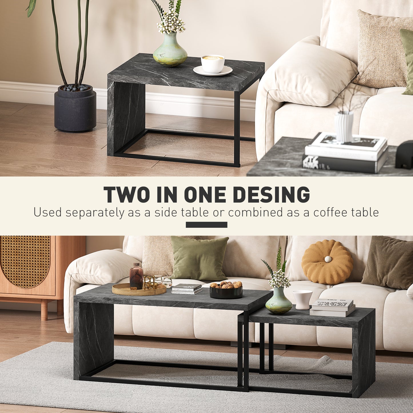 Coffee Tables Set of 2, Nest of Tables for Living Room, Dark Grey