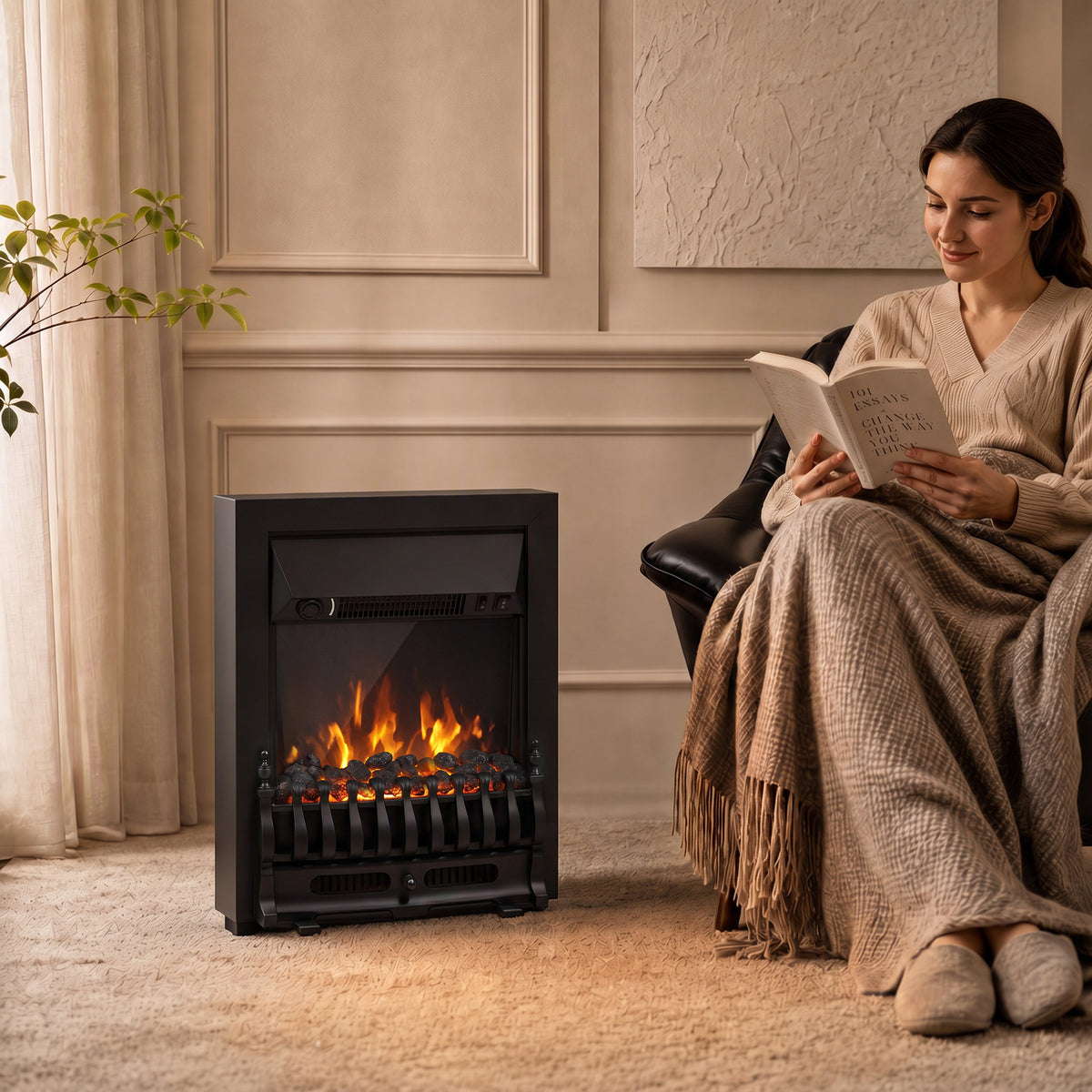 2000W Freestanding or Inset Electric Fire with Coal Effect - Matt Black