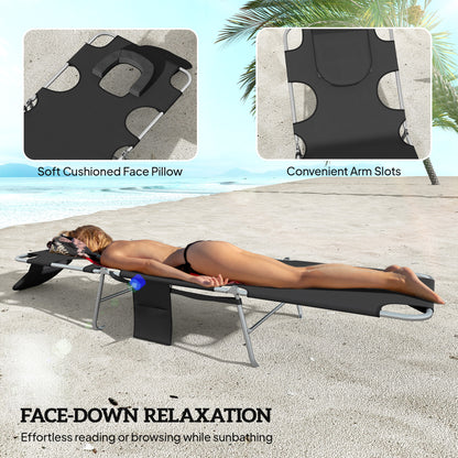 2 Sun Loungers with Reading Hole, Folding Garden Lounger, Black
