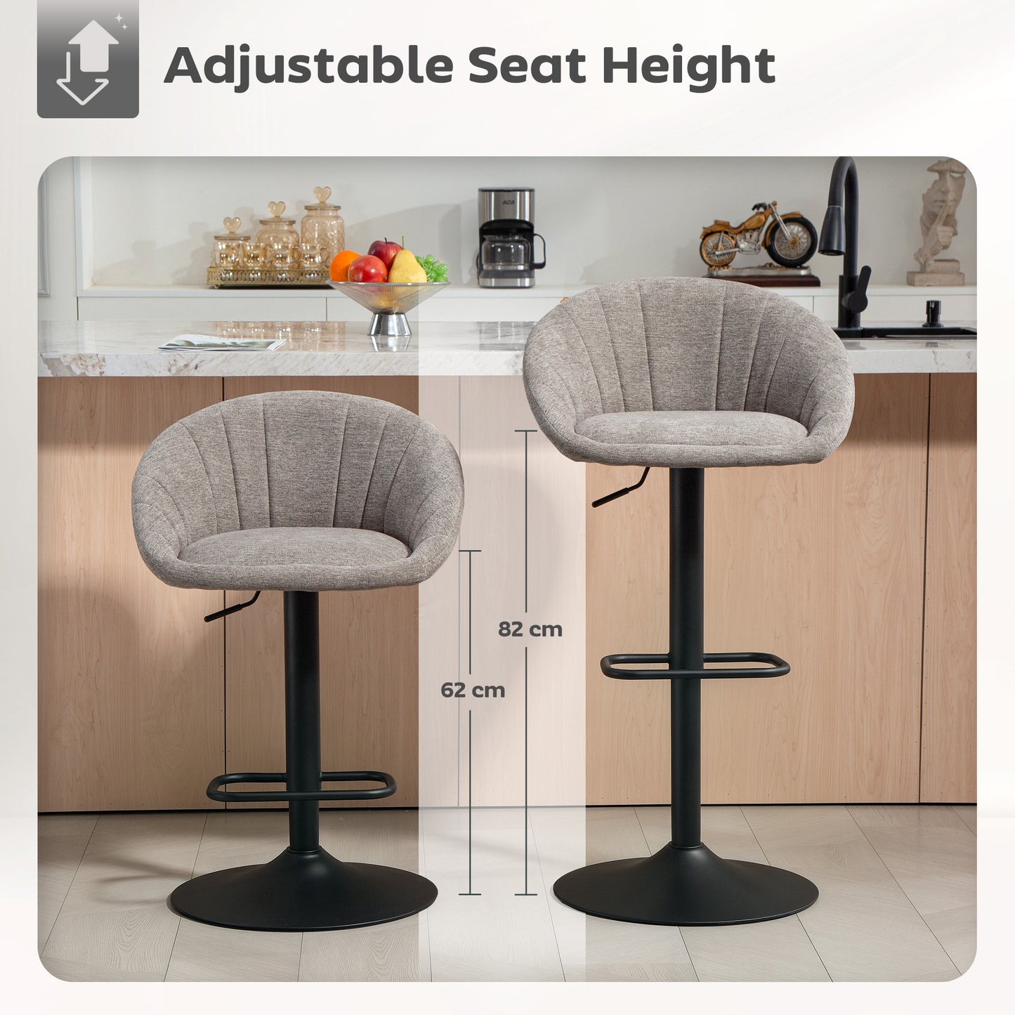 Swivel Bar Stools Set of 2 Height Adjustable Bar Chairs Grey
