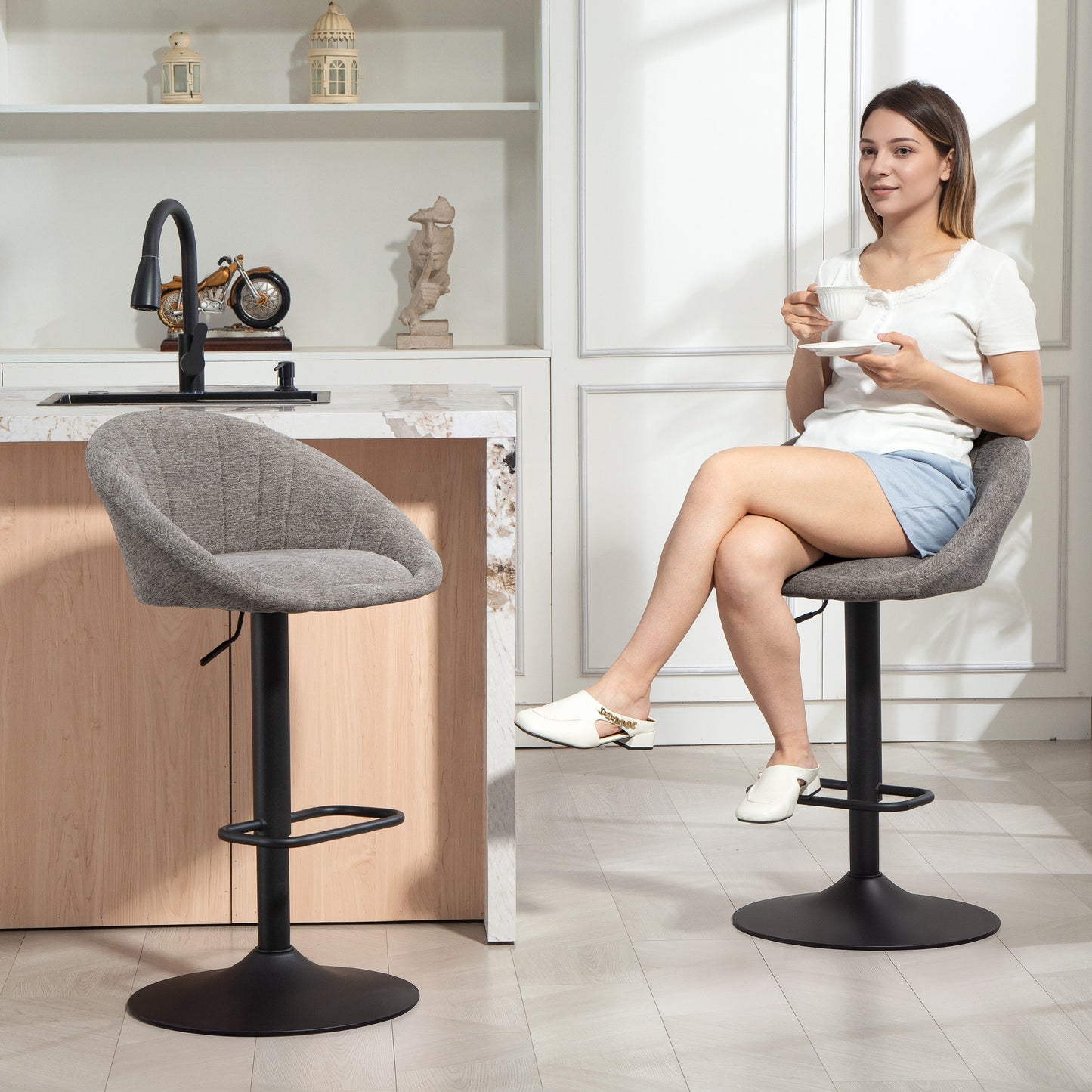 Swivel Bar Stools Set of 2 Height Adjustable Bar Chairs Grey