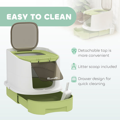 Cat Litter Box, Hooded Cat Litter Tray with Lid, Scoop, Green