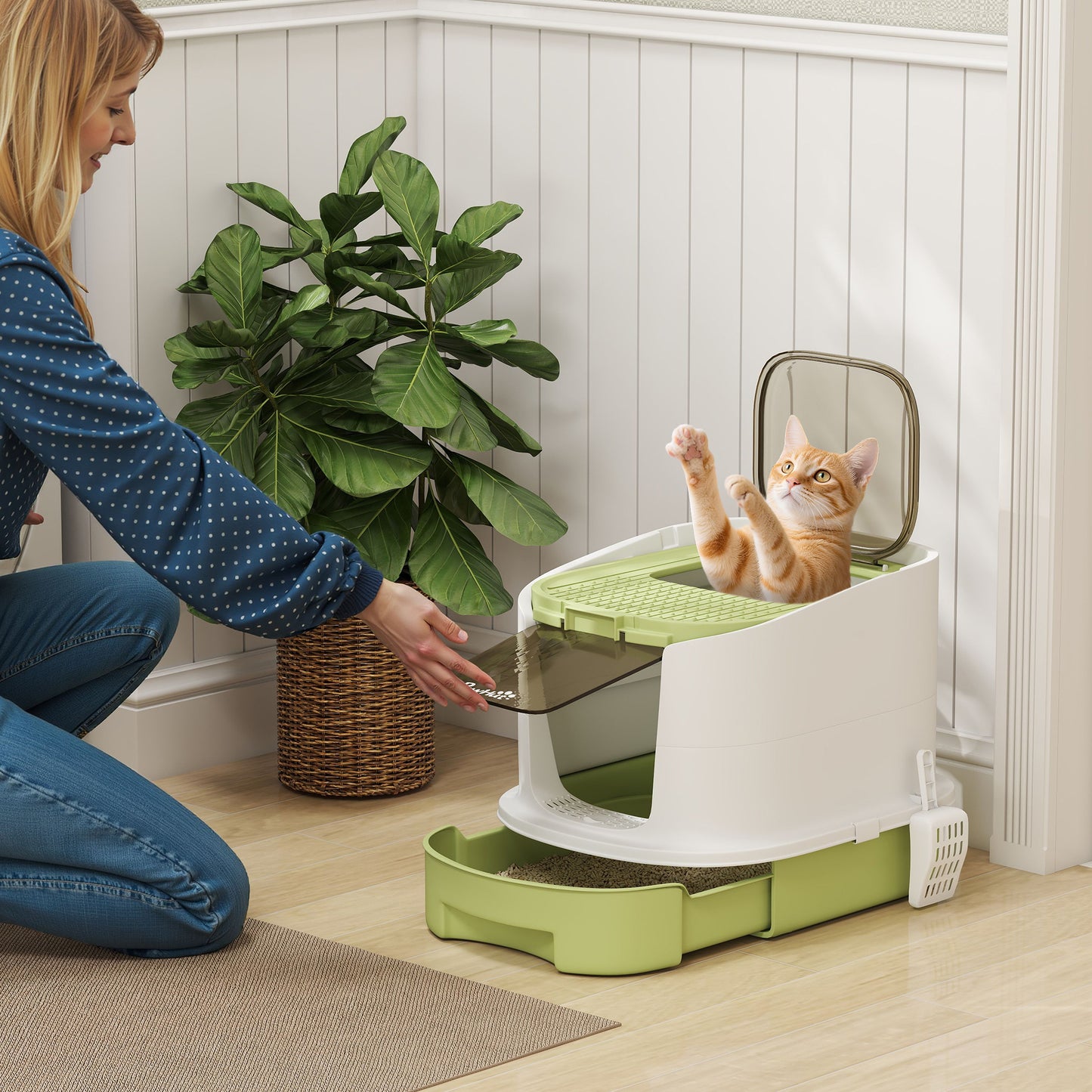 Cat Litter Box, Hooded Cat Litter Tray with Lid, Scoop, Green