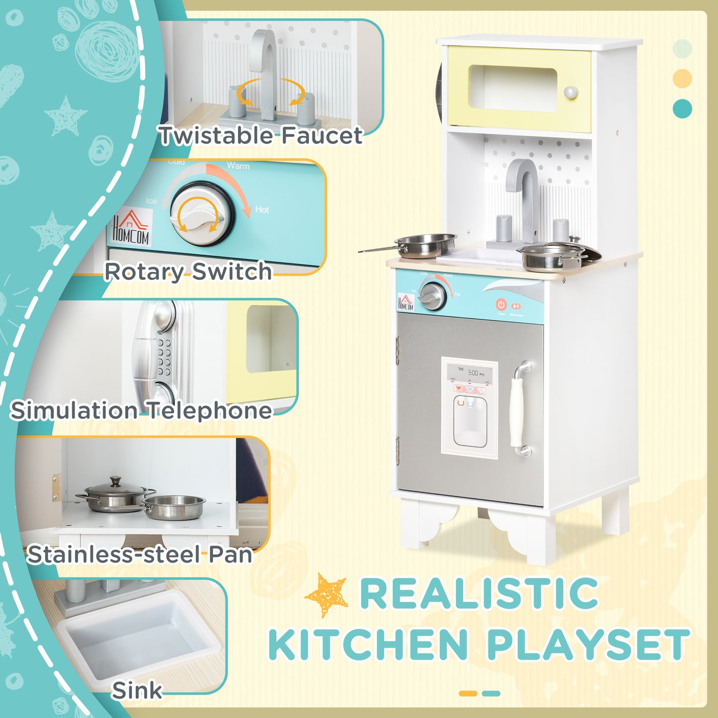 Kids Wooden Toy Kitchen Pretend Playset with Sink Telephone for 3-6 Years