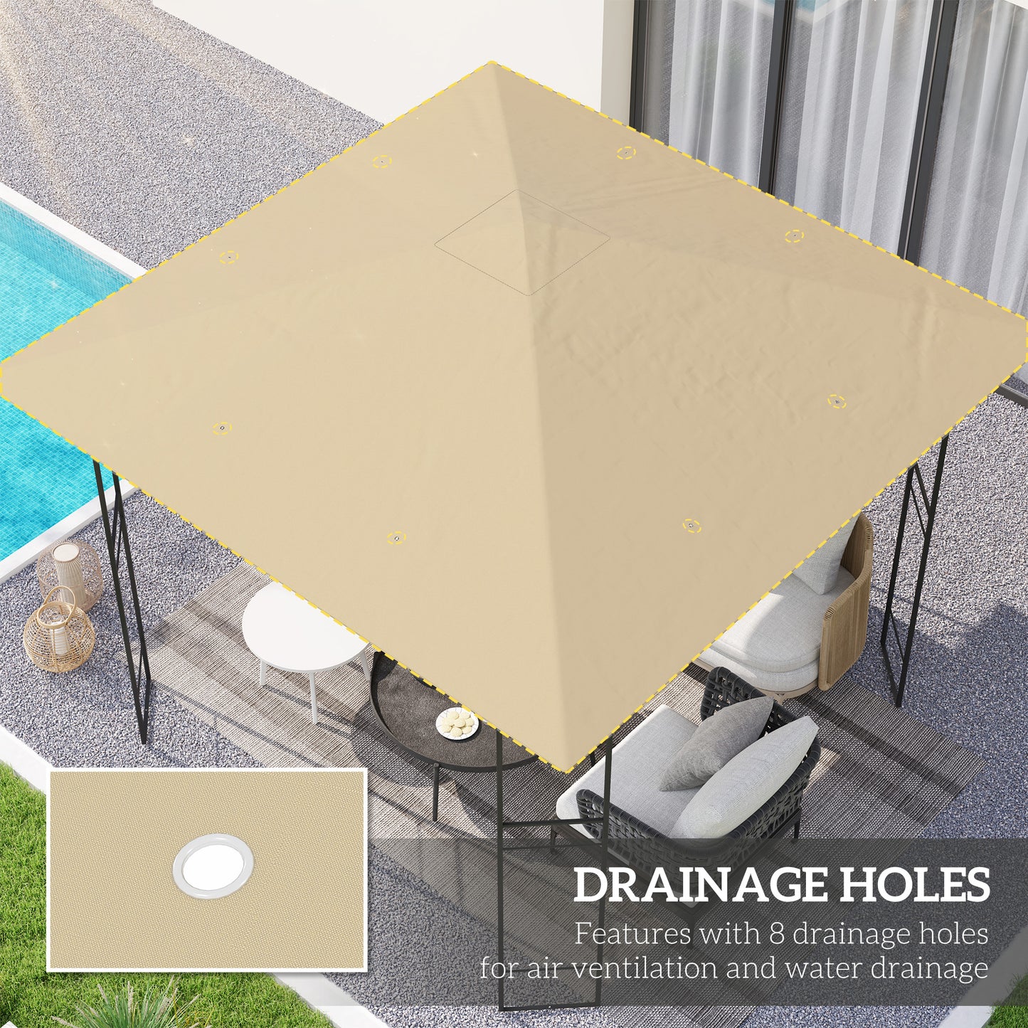3 x 3(m) Gazebo Canopy Replacement Cover with Drain Holes, Beige