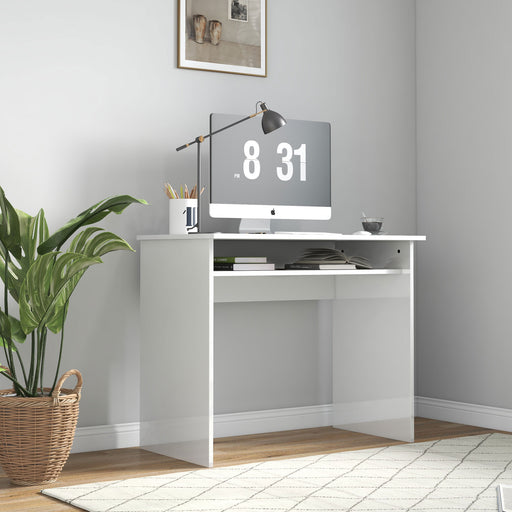 90 x 50cm Computer Table, Modern Home Office Desk, Small Writing Desk with Storage Shelf, High Gloss White