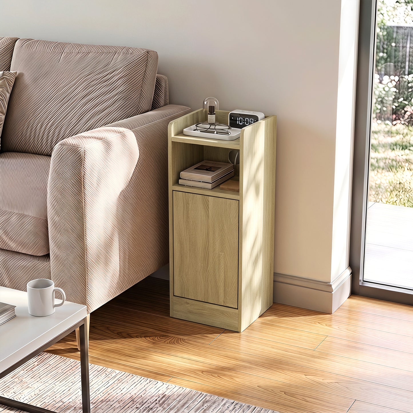 Slim Bedside Table Set of 2 with Charging Station, Oak