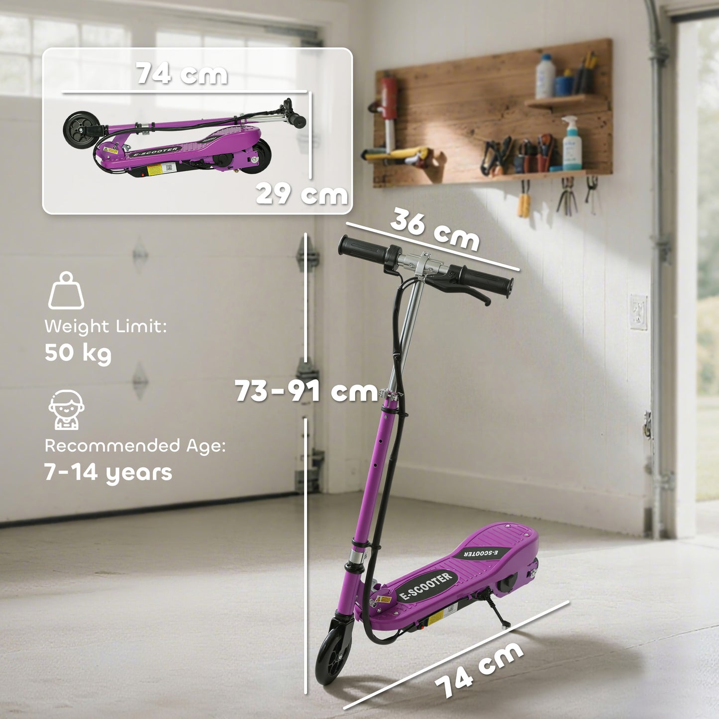 Foldable Kids E-Scooter, for Ages 7-14 Years, Purple