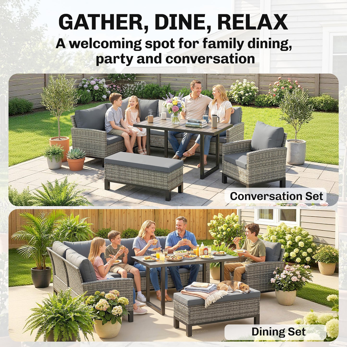 Rattan Garden Furniture Sofa Set, Outdoor Dining Set for 9, Grey