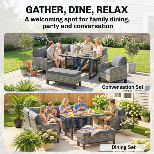 Rattan Garden Furniture Sofa Set, Outdoor Dining Set for 9, Grey