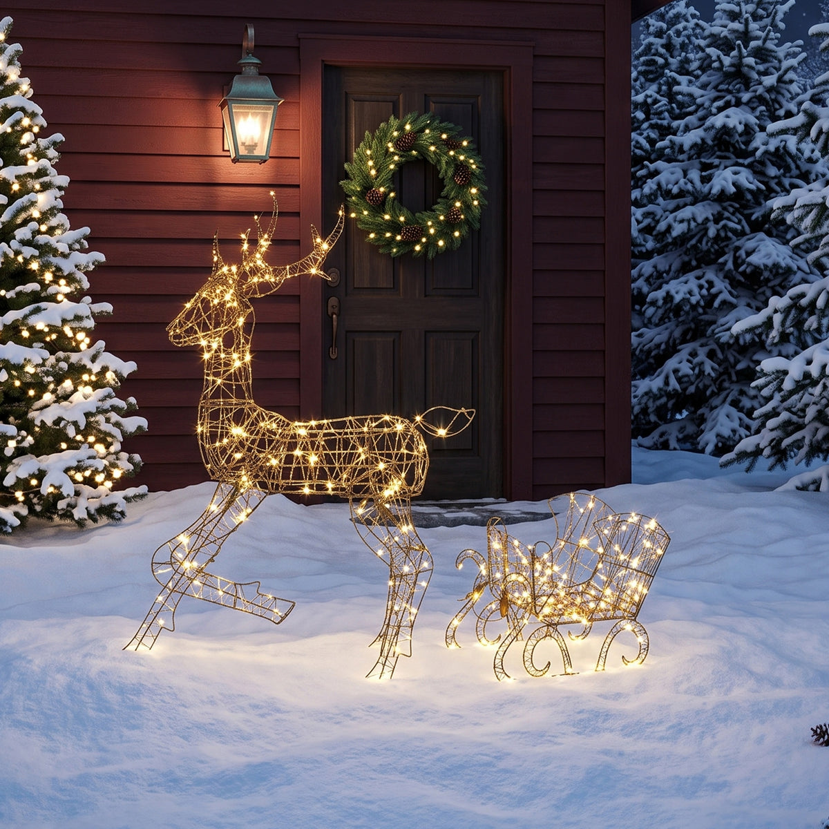 Lighted Reindeer and Sleigh Set, Outdoor Christmas Decoration