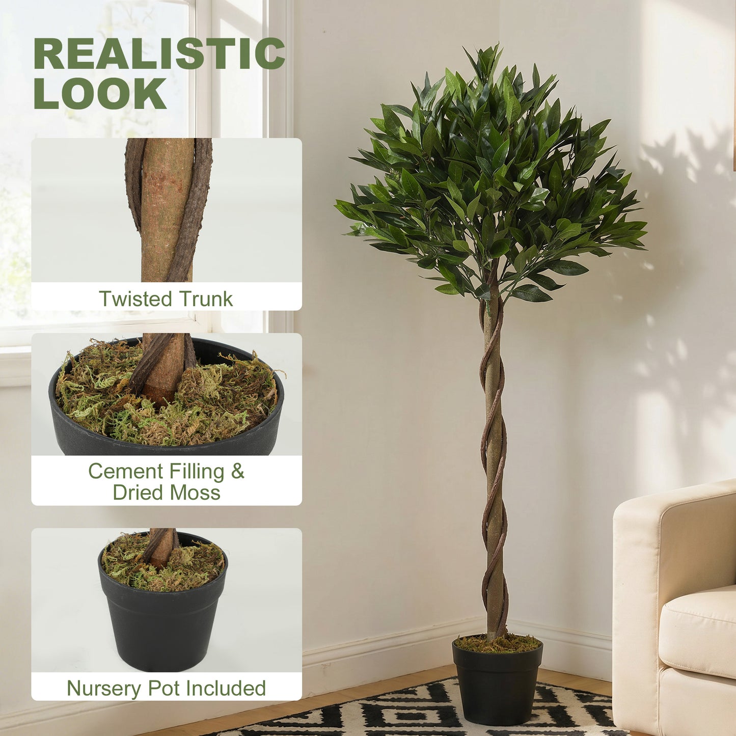 Artificial Bay Laurel Topiary Trees with Twisted Trunk, Realistic Lush Topiary Ball Tree with Weighted Pot, 4FT Indoor Greenery Plant for Home Office Garden Decor, Set of 2, Green
