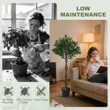 Artificial Bay Laurel Topiary Trees with Twisted Trunk, Realistic Lush Topiary Ball Tree with Weighted Pot, 4FT Indoor Greenery Plant for Home Office Garden Decor, Set of 2, Green