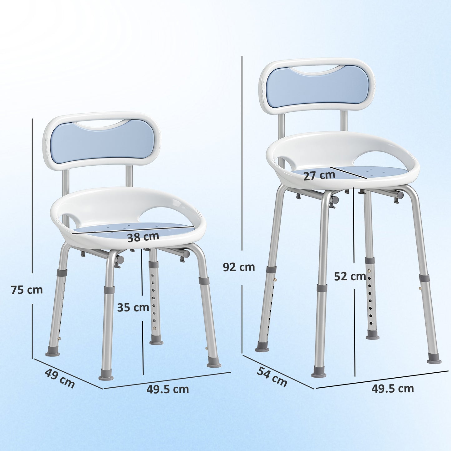 Aluminium Alloy Shower Chair with Back and Enclosed Side Support, Bath Seat with Adjustable Height, Anti-slip Shower Bench for Seniors, Tool-Free Assembly, 136 kg