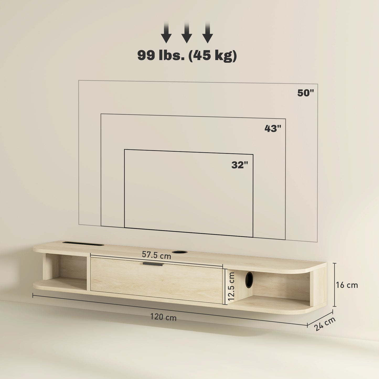 120 cm Floating TV Unit with Flip Drawer and Shelves, Natural
