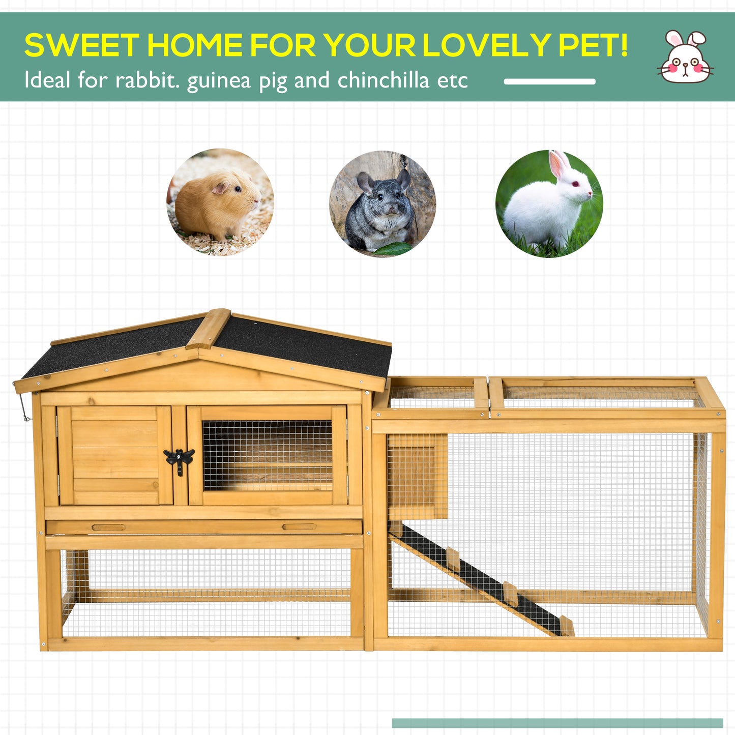 2 Level Wooden Rabbit Bunny Guinea Pig Hutch w/ Outdoor Run Water Resistant Roof Pull out Tray Ramp 150 x 52.5 x 68 cm, Yellow