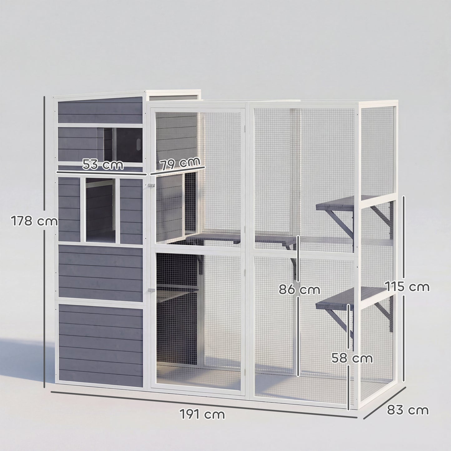 Wooden Catio with Spacious Resting Rooms, 3 Platforms, Window, Grey