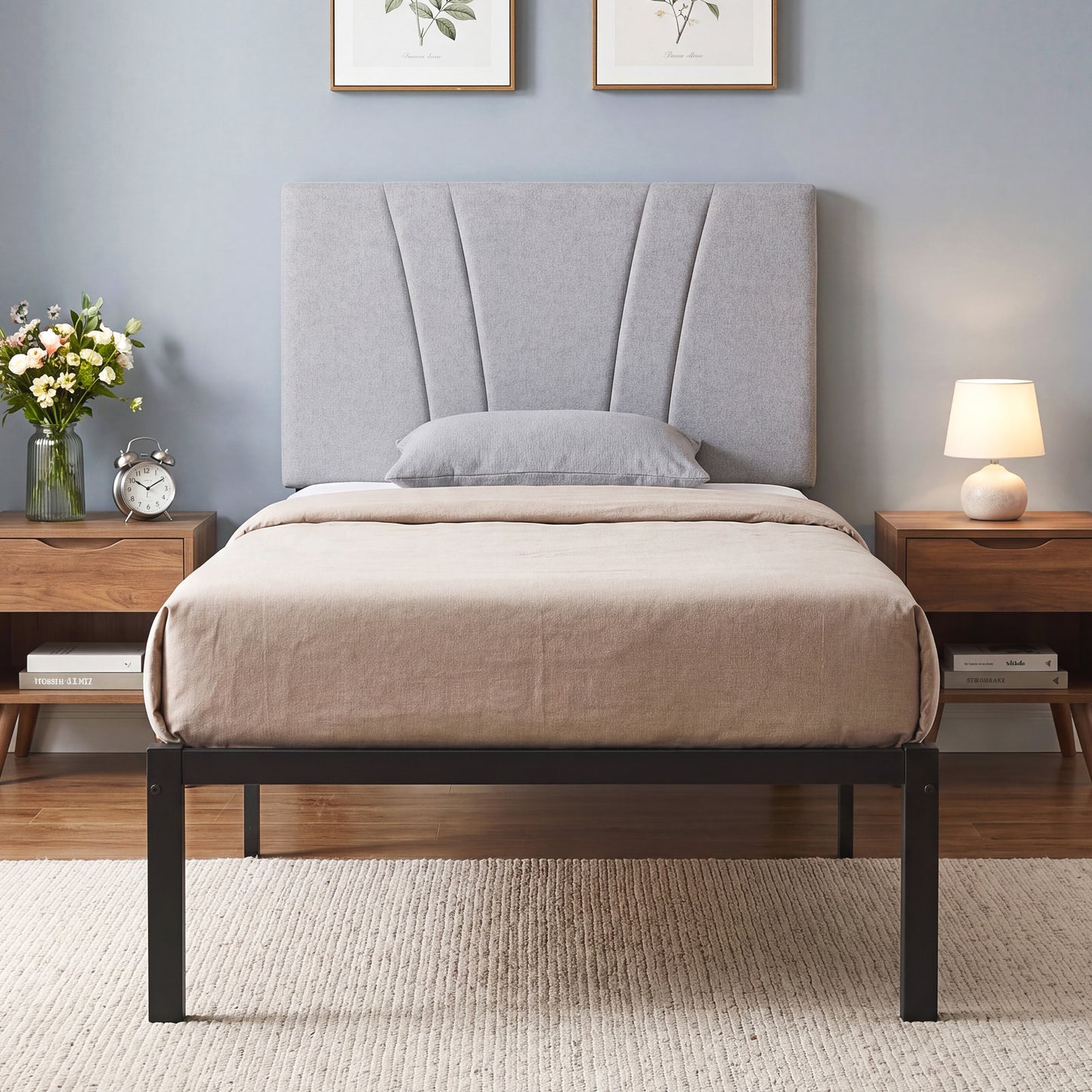 3FT Single Bed Frame with Upholstered and Padded Headboard, Metal Bed Frame with Underbed Storage and Steel Slat Support, No Box Spring Needed, Easy Assembly, Black and Light Grey