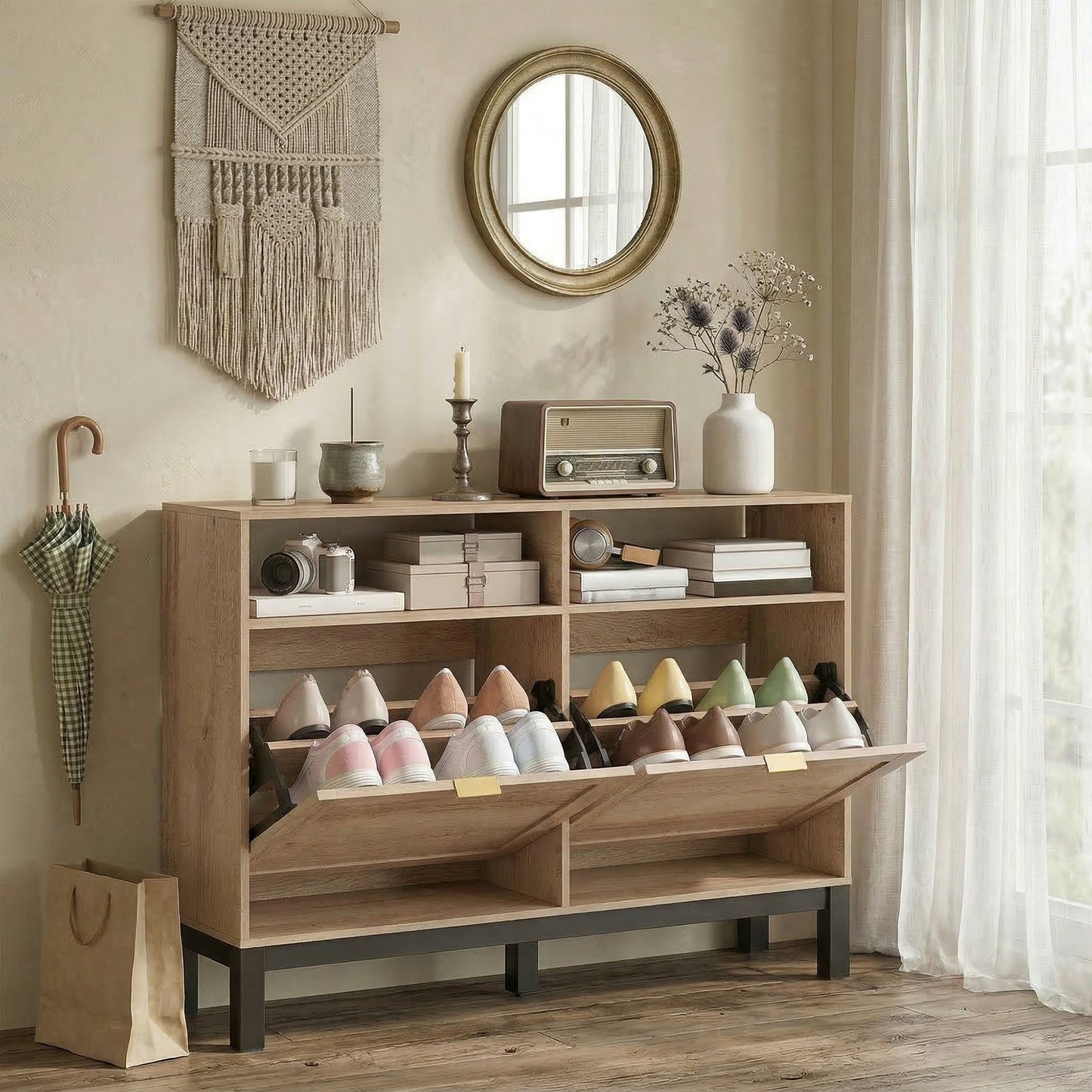 Narrow Shoe Cabinet with 2 Flip Drawers, Modern Shoe Storage Cabinet