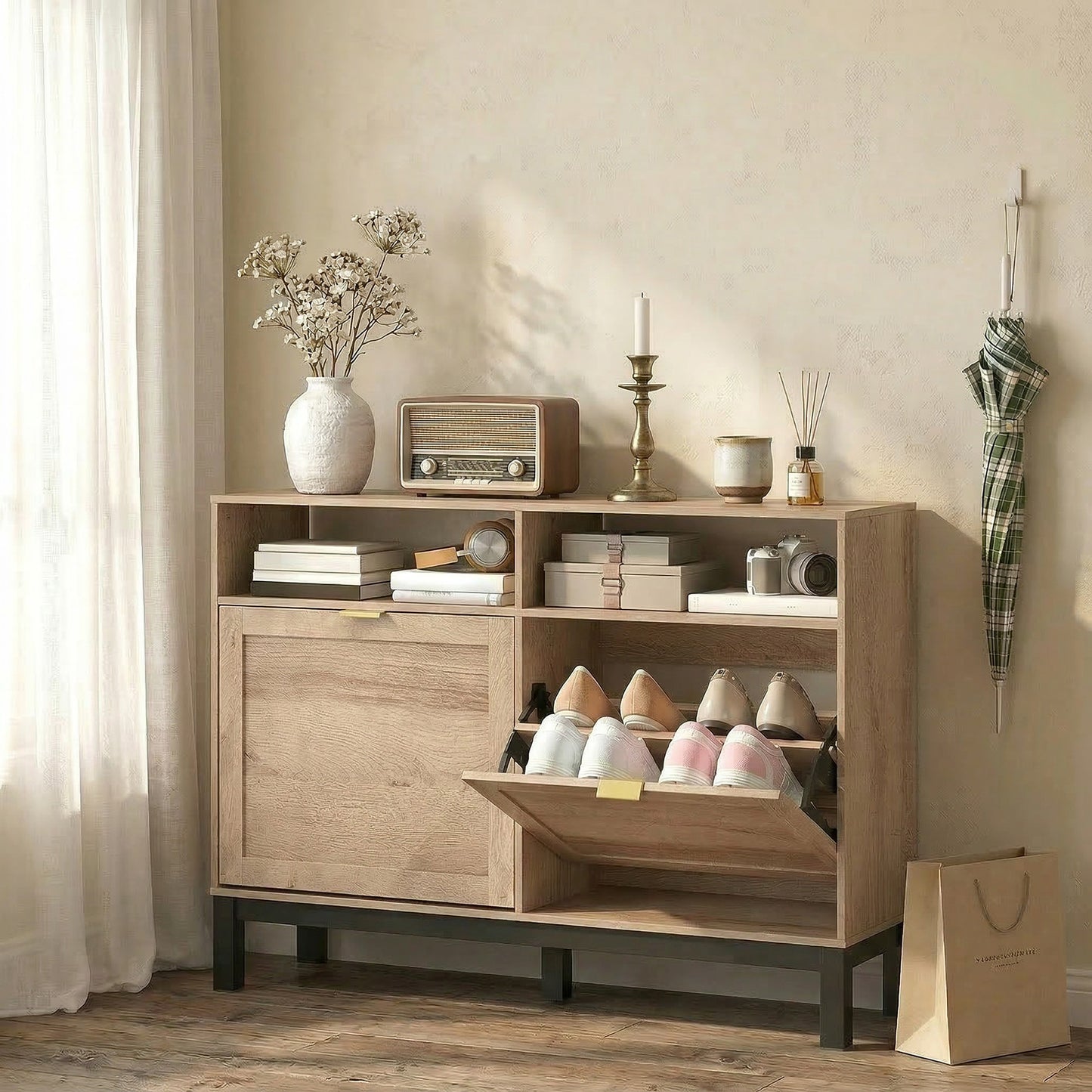 Narrow Shoe Cabinet with 2 Flip Drawers, Modern Shoe Storage Cabinet
