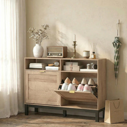 Narrow Shoe Cabinet with 2 Flip Drawers, Modern Shoe Storage Cabinet