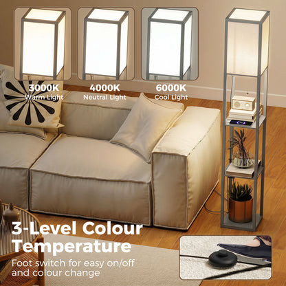 3-Tier Floor Lamp with Shelves and Storage, Modern Corner Standing Lamp with Lampshade, Reading Light with Foot Switch for Living Room, Bedroom, Home Office, LED Bulb Included, Grey