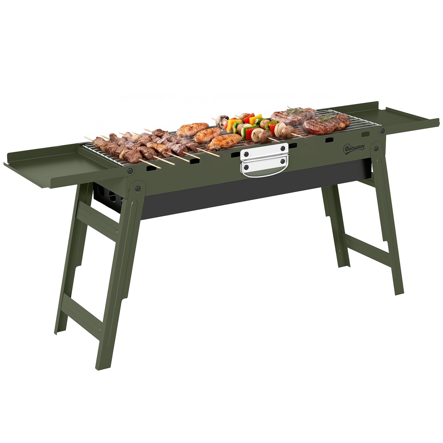 BBQ Grill, Charcoal Barbecue with 2 Side Shelves and Handle, Green