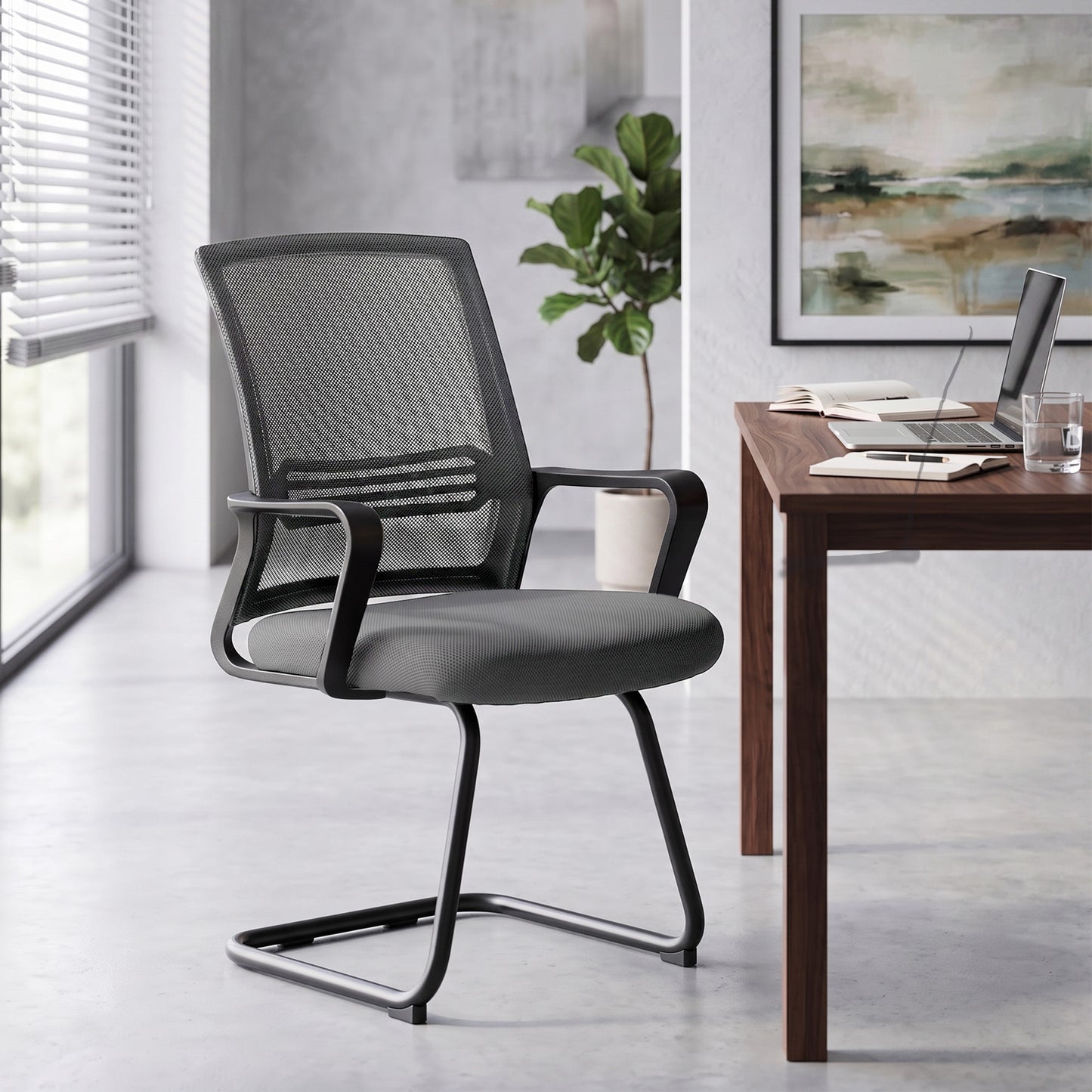 Padded Meeting Office Chair with Sled Base, No Wheels, Dark Grey