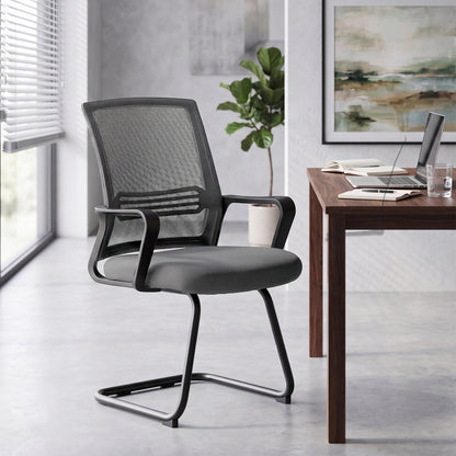 Padded Meeting Office Chair with Sled Base, No Wheels, Dark Grey