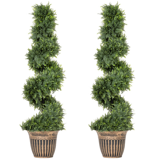 Set of 2 Potted Artificial Plants, Topiary Spiral Cypressd Trees
