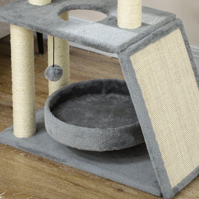 Cat Tree Tower, with Scratching Posts, Pad, Bed, Perch, Toy Ball, Grey