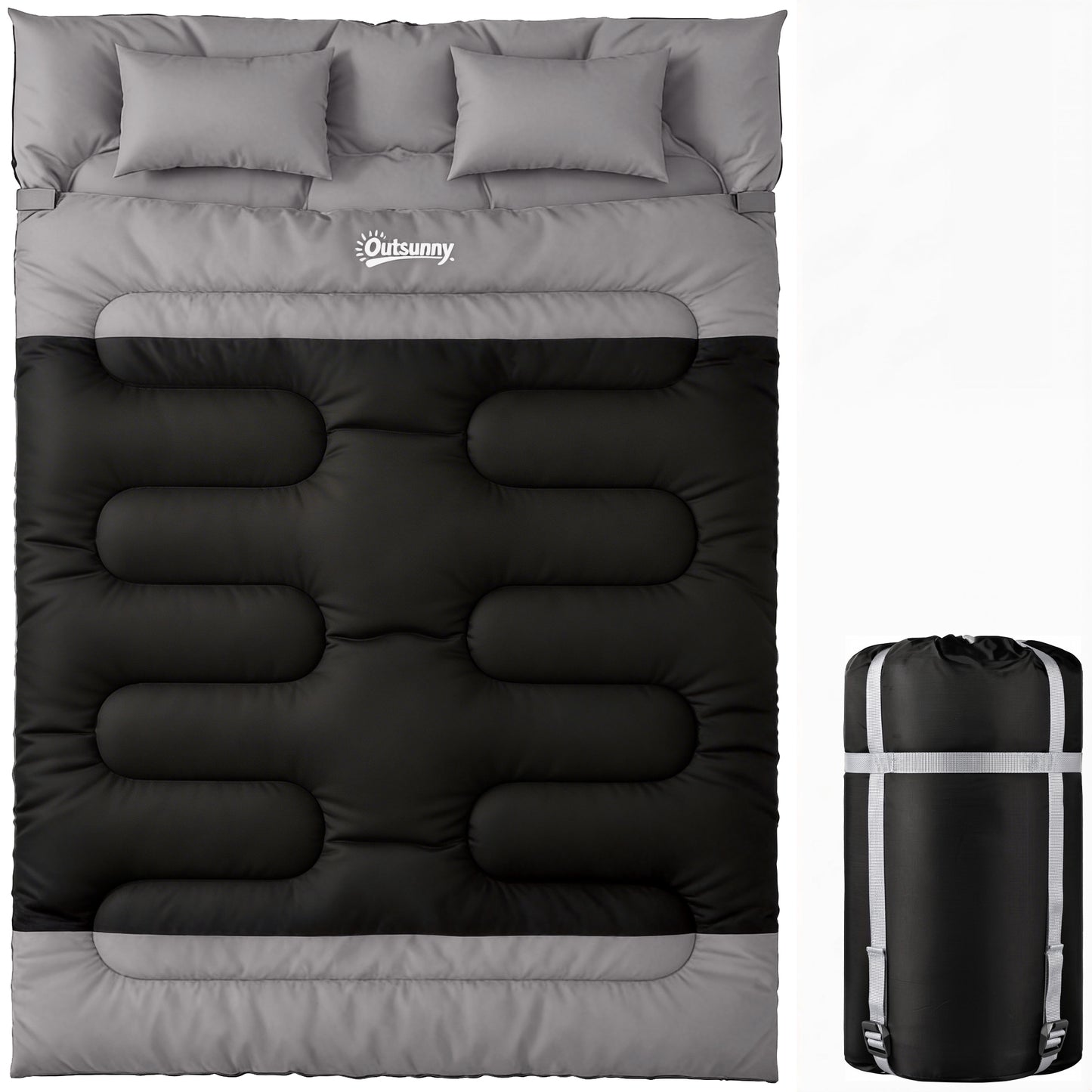 Double Sleeping Bag with 2 Pillows, 220 x 160cm Sleeping Bag Grey