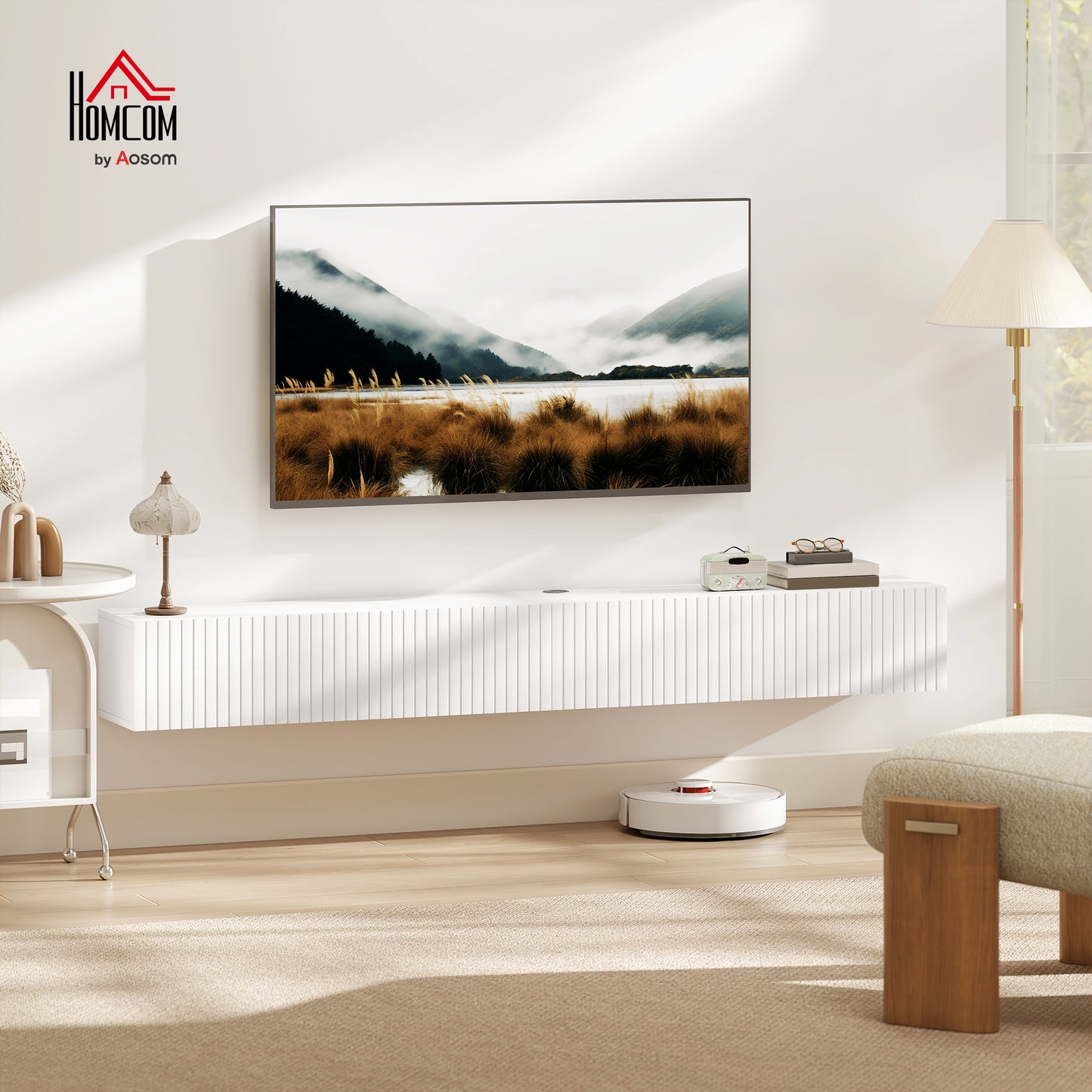 Wall Mount TV Stand Cabinet with Fluted Flip-Down Doors