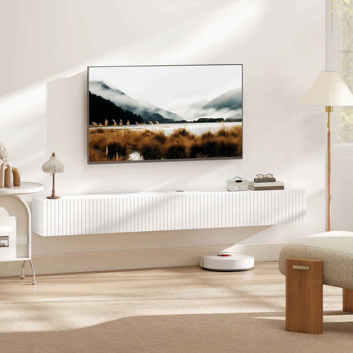 Wall Mount TV Stand Cabinet with Fluted Flip-Down Doors