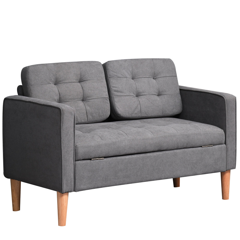 Modern 2 Seater Sofa with Hidden Storage, 117cm Tufted Cotton Couch, Compact Loveseat Sofa with Wood Legs, Grey