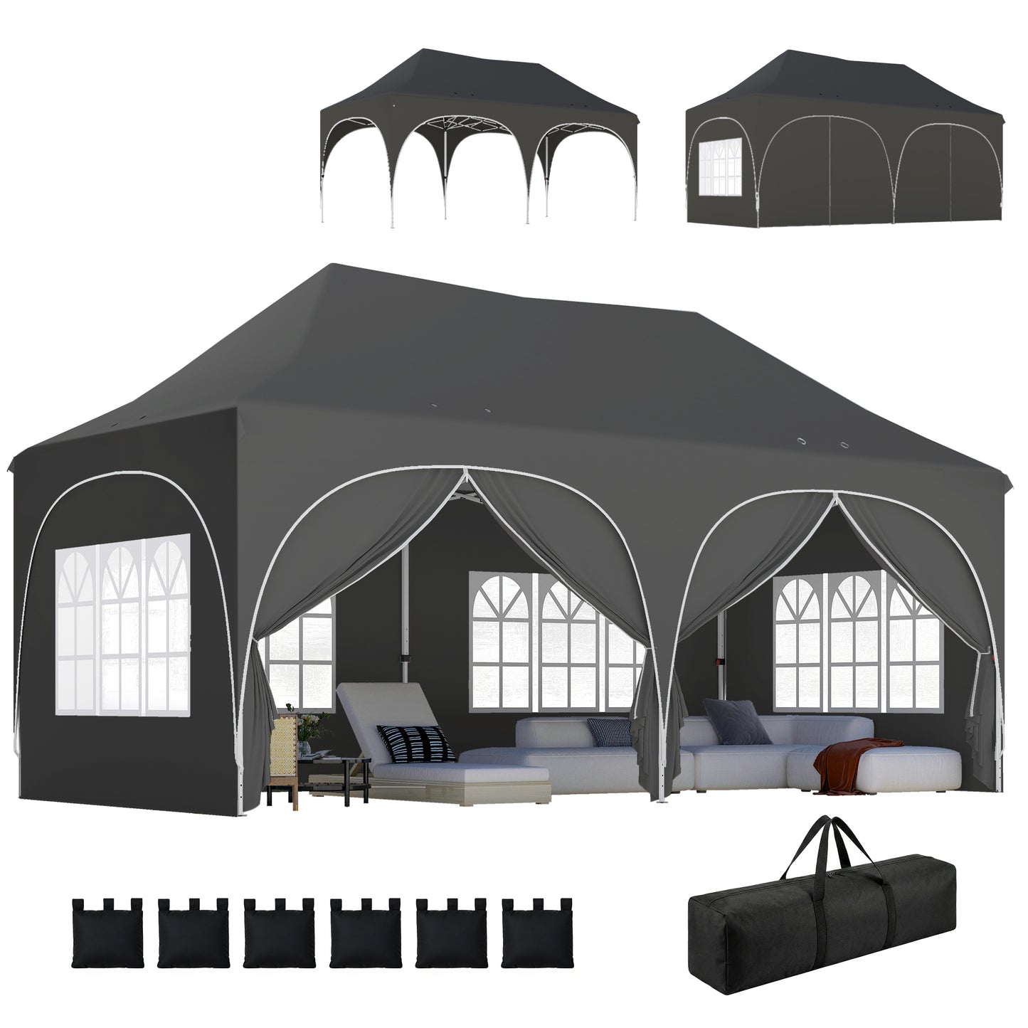 3 x 6m Pop Up Gazebo with Sides, Peak Top Garden Party Tent Marquee