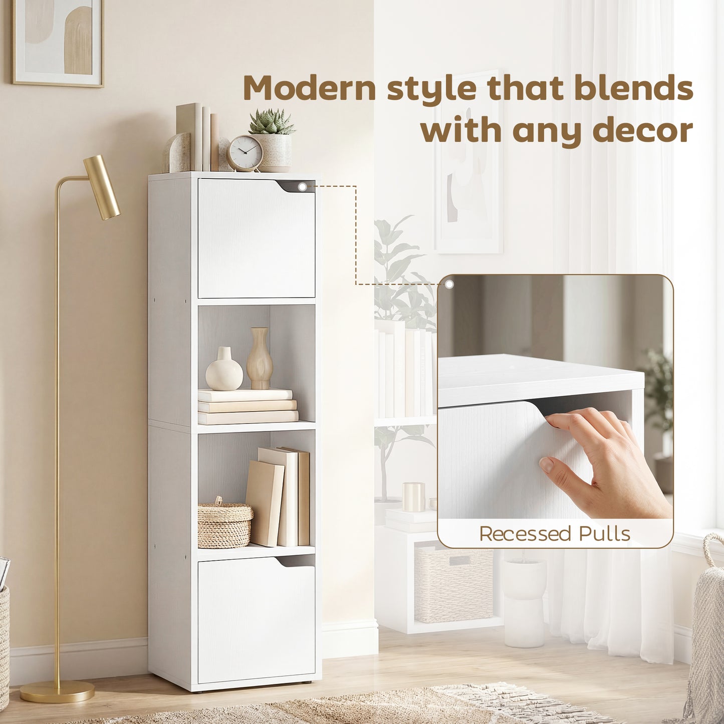 Bookcase with 2 Cabinets and Doors, 4-Tier Bookshelf, Storage Cabinet with Open Shelves and Anti-Tipping Design, for Living Room, Bedroom, Home Office, White