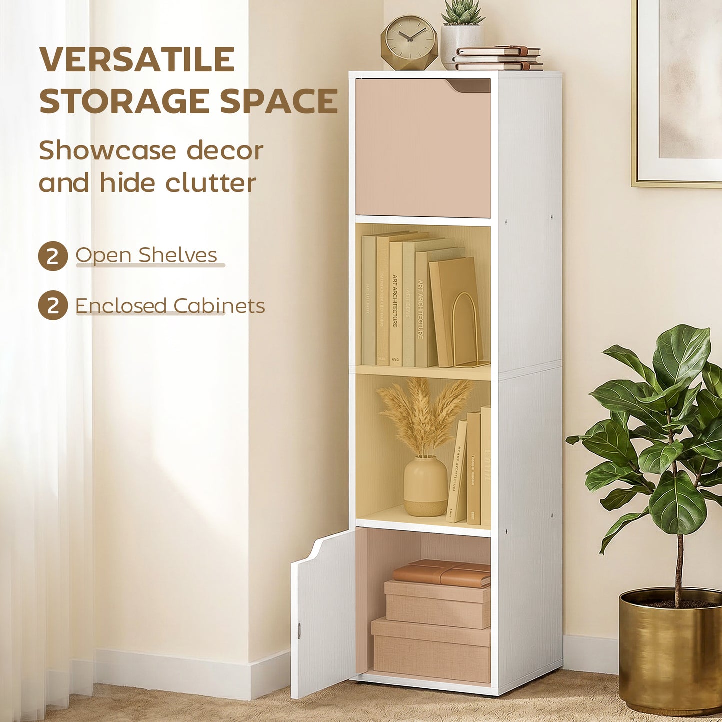 Bookcase with 2 Cabinets and Doors, 4-Tier Bookshelf, Storage Cabinet with Open Shelves and Anti-Tipping Design, for Living Room, Bedroom, Home Office, White
