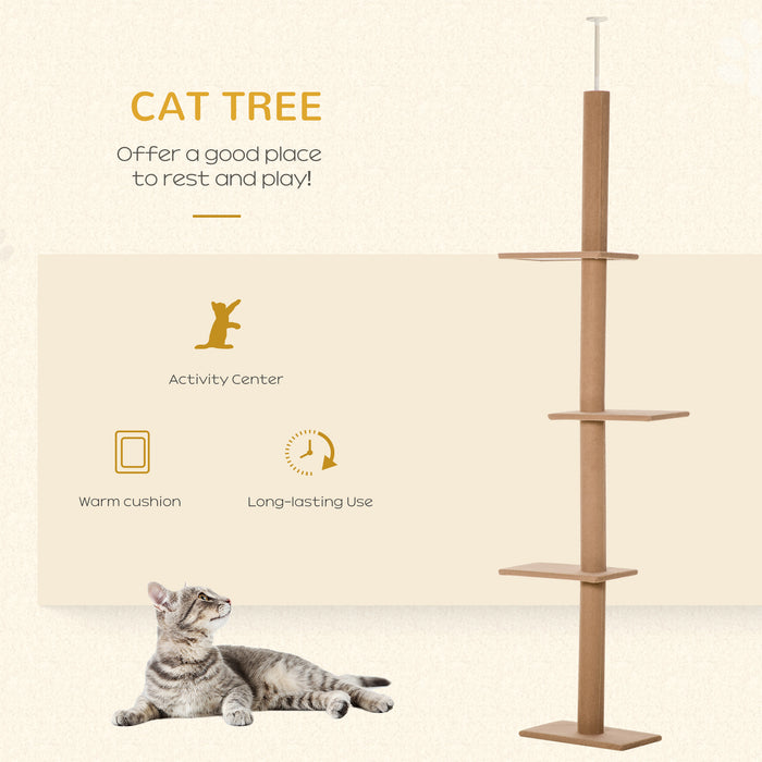 260cm Floor To Ceiling Cat Tree w/ 3 Perches Flannel Upholstery Kitten Pet Rest Sleep Activity Tower Home Furniture Brown