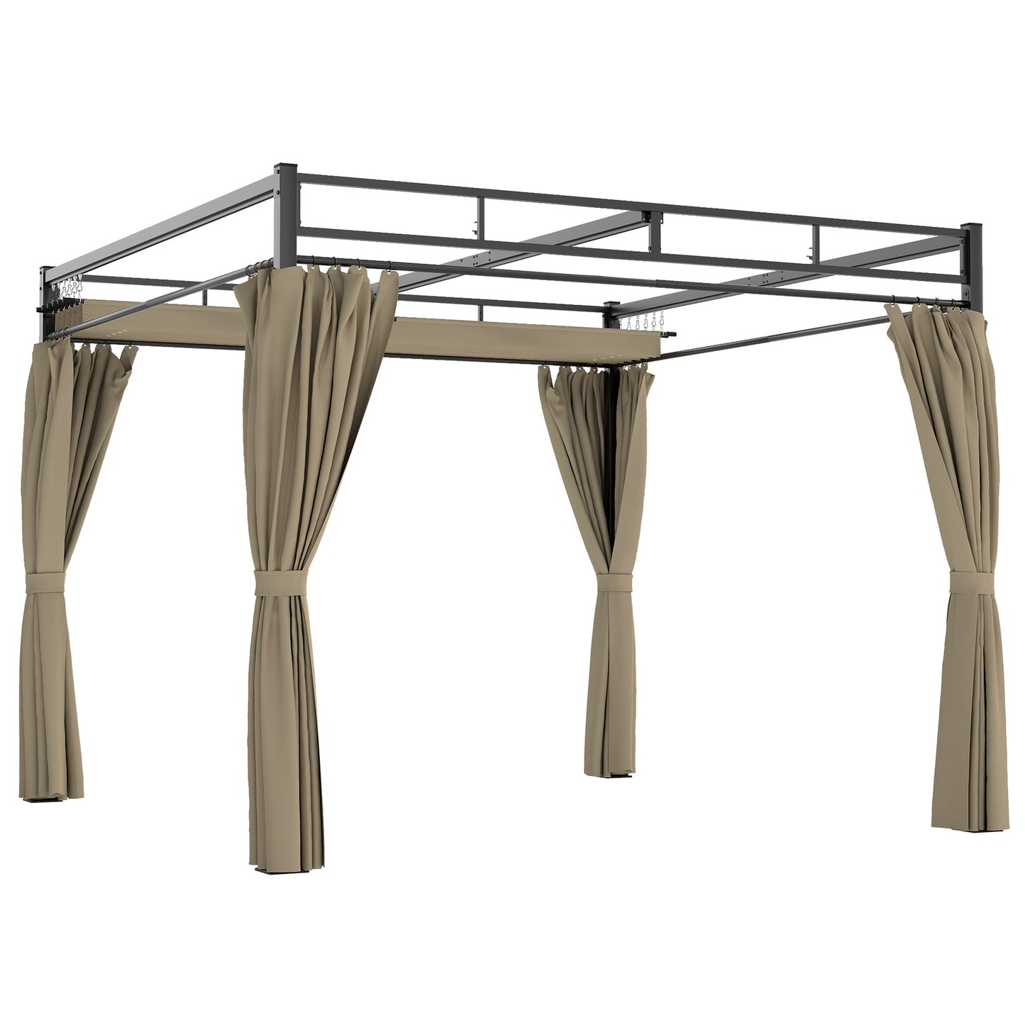 3 x 3 m Garden Pergola with Retractable Canopy, Curtains, Khaki