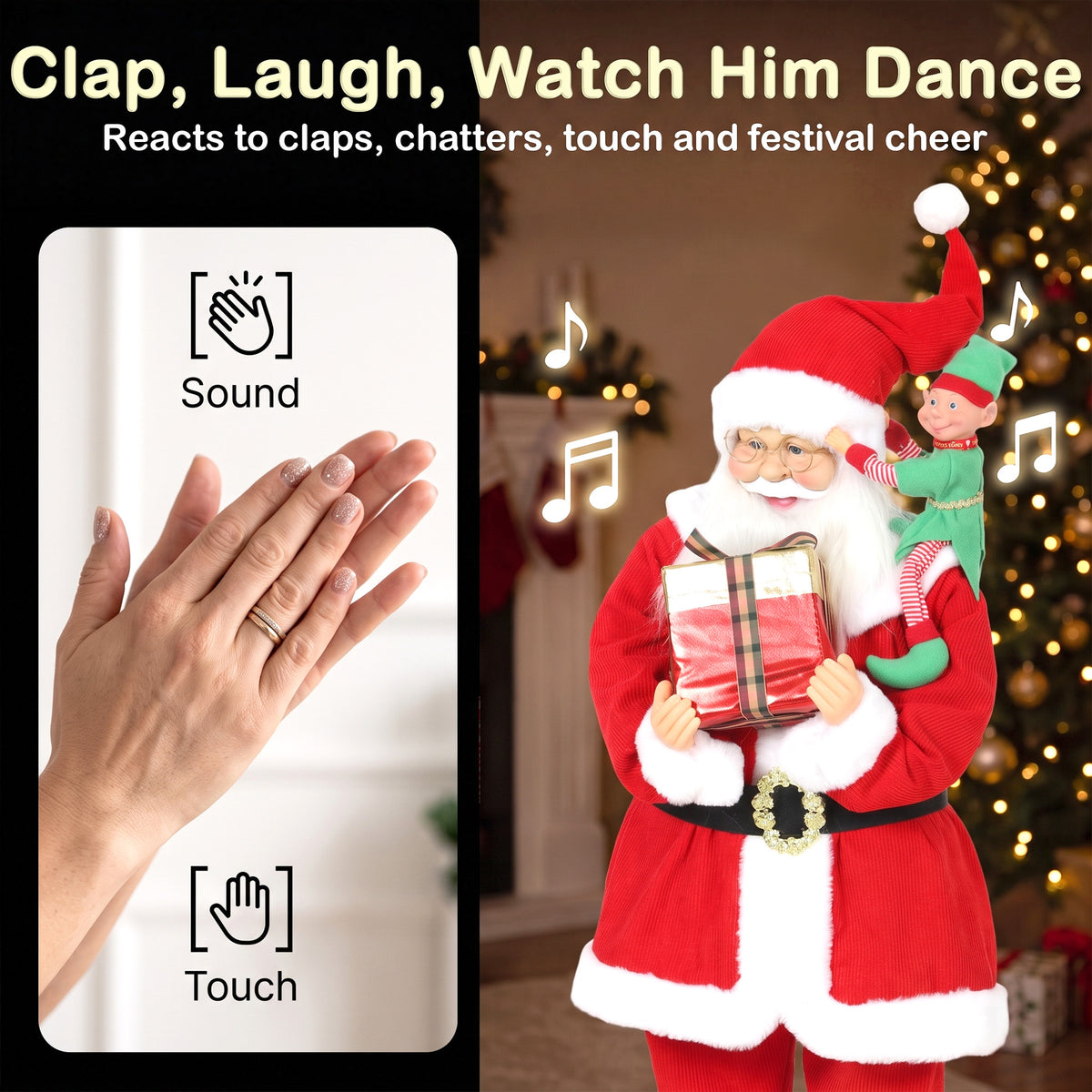 4ft Christmas Singing Dancing Santa Claus with Elf, Gift Box