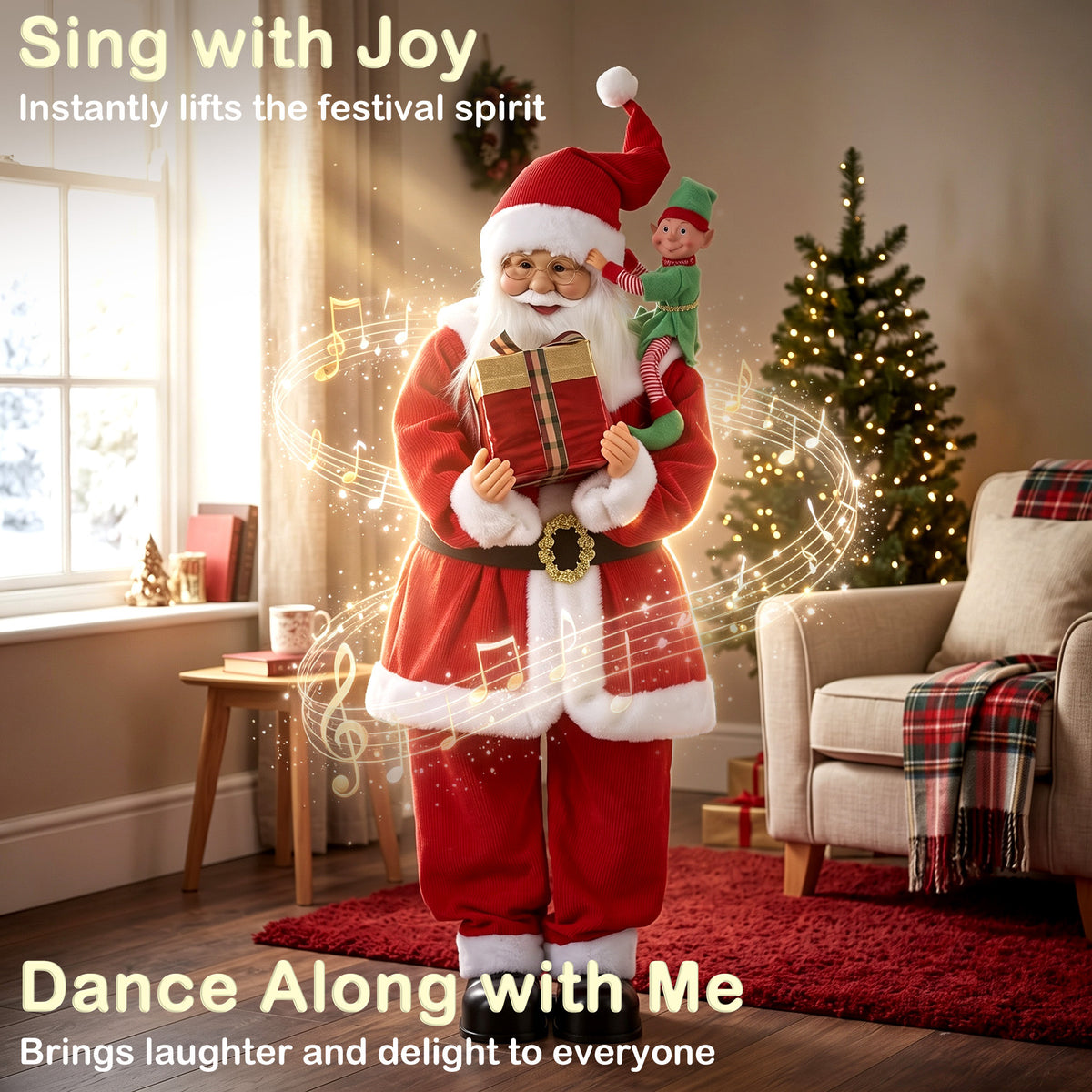 4ft Christmas Singing Dancing Santa Claus with Elf, Gift Box