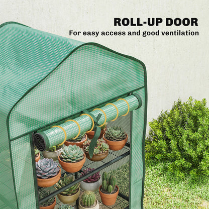 Portable Mini Greenhouse with Roll-up Door and Wire Shelves, Green
