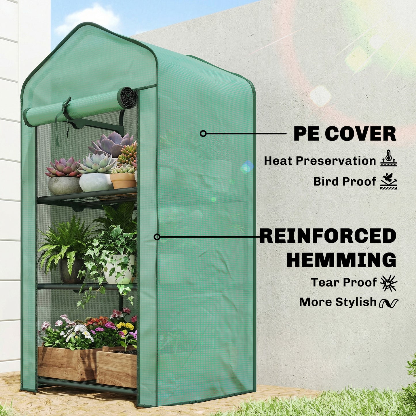 Portable Mini Greenhouse with Roll-up Door and Wire Shelves, Green