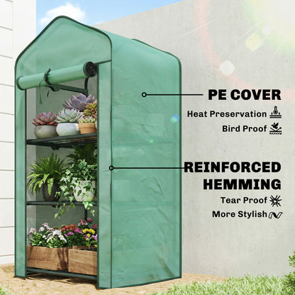 Portable Mini Greenhouse with Roll-up Door and Wire Shelves, Green