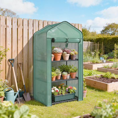 Portable Mini Greenhouse with Roll-up Door and Wire Shelves, Green