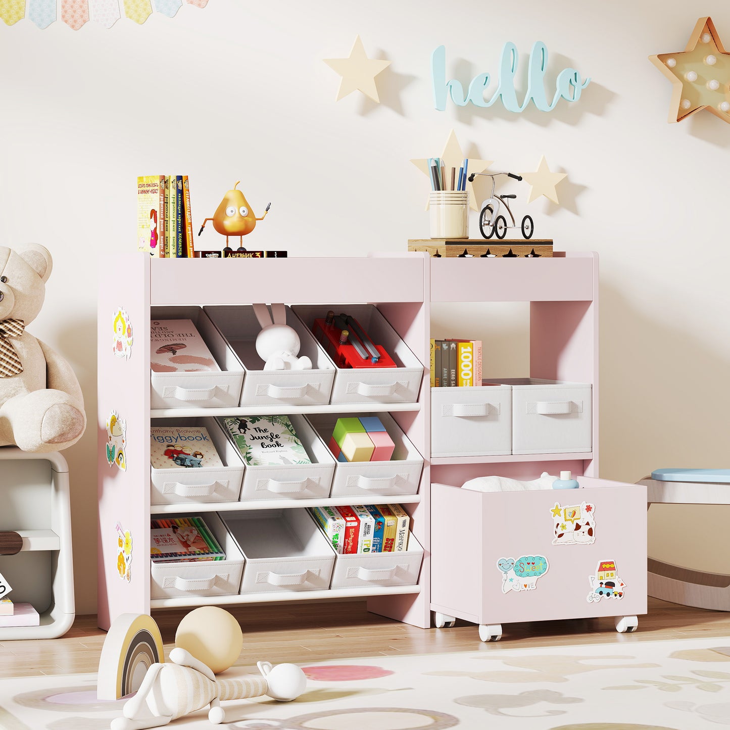 Kids Toy Storage Unit with 11 Fabric Bins, 3 Stickers, Pink
