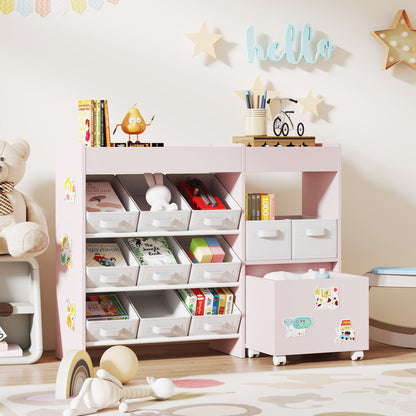 Kids Toy Storage Unit with 11 Fabric Bins, 3 Stickers, Pink